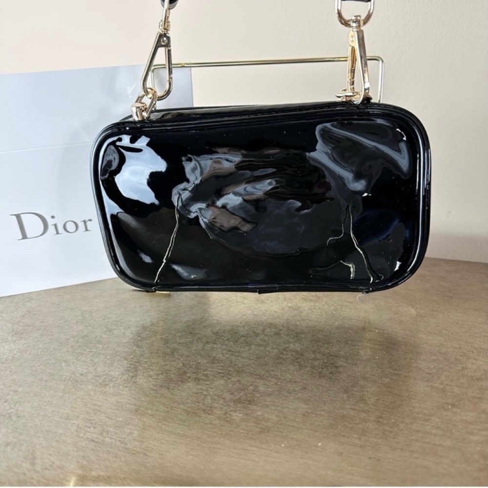 New Dior Upcycled Patent Cosmetic Bag Crossbody Black CD Logo Gold Hardware - Picture 4 of 12
